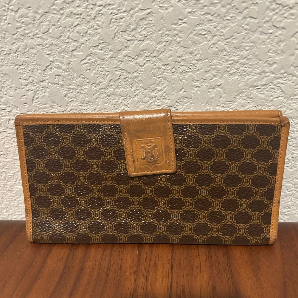 Celine Brown Canvas Macadam Continental Wallet with Tan Trim
